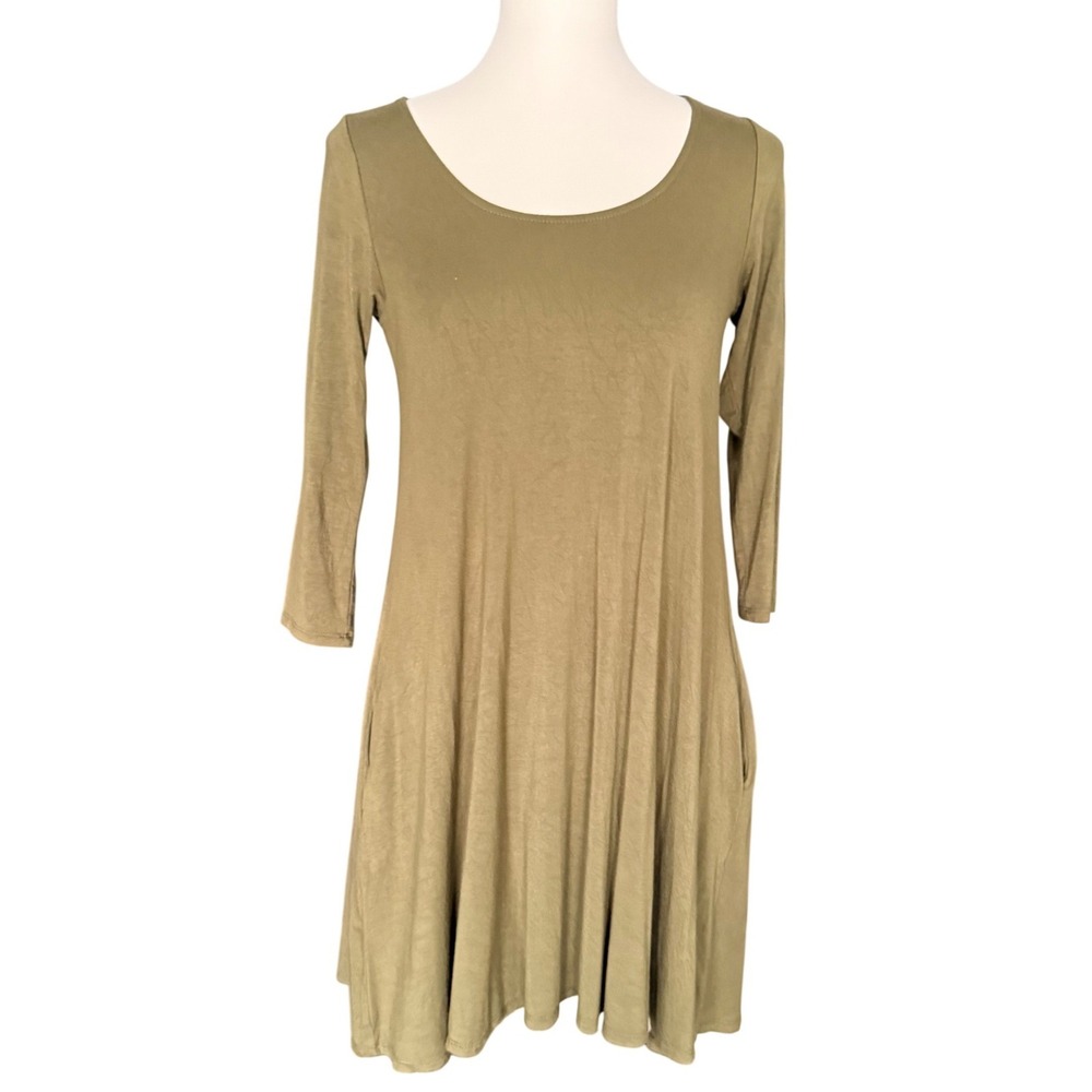 Lulus Olive Green 3/4 Sleeve Swing Mini Dress with Pockets Small Made in USA